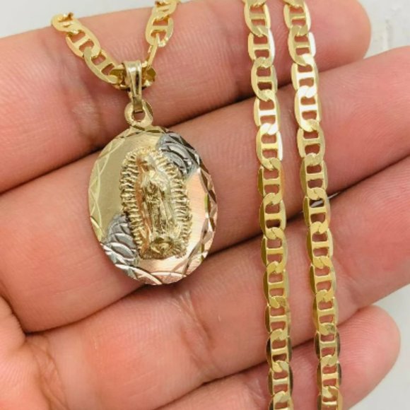 Virgen de Guadalupe Necklace Pendant Mariner Link Chain 20" for Womens in Gold F - Picture 2 of 7